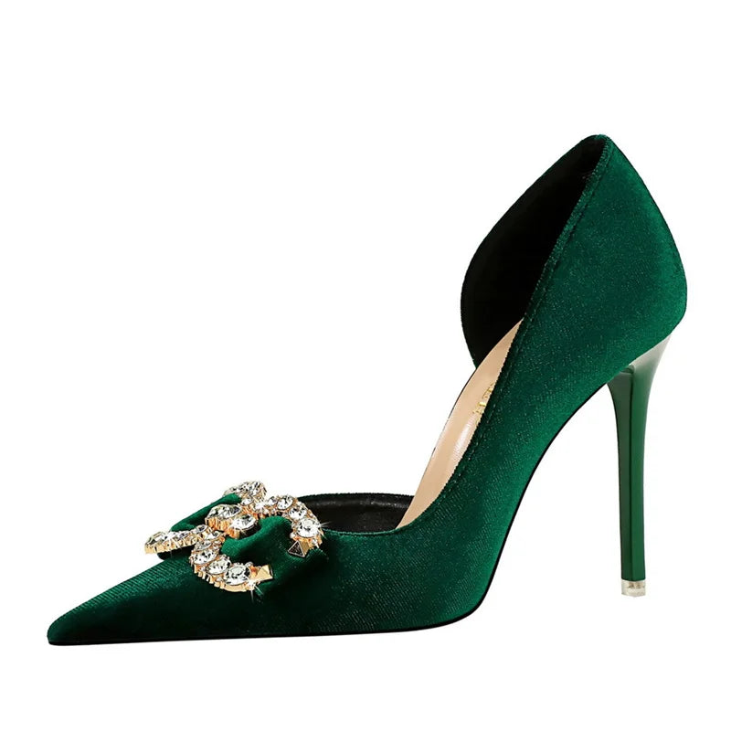 Fashion Women High Heel Rhinestone Buckle Bow Green Pink Pointed Toe Party Pumps Velvet Luxury Elegant Wedding Evening Shoes - Clikcy
