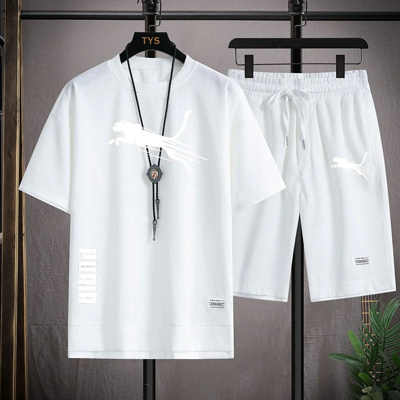 summer new men's sportswear fitness set running suit casual T-shirt+shorts set breathable jogging sportswear 2-piece set for men - Clikcy