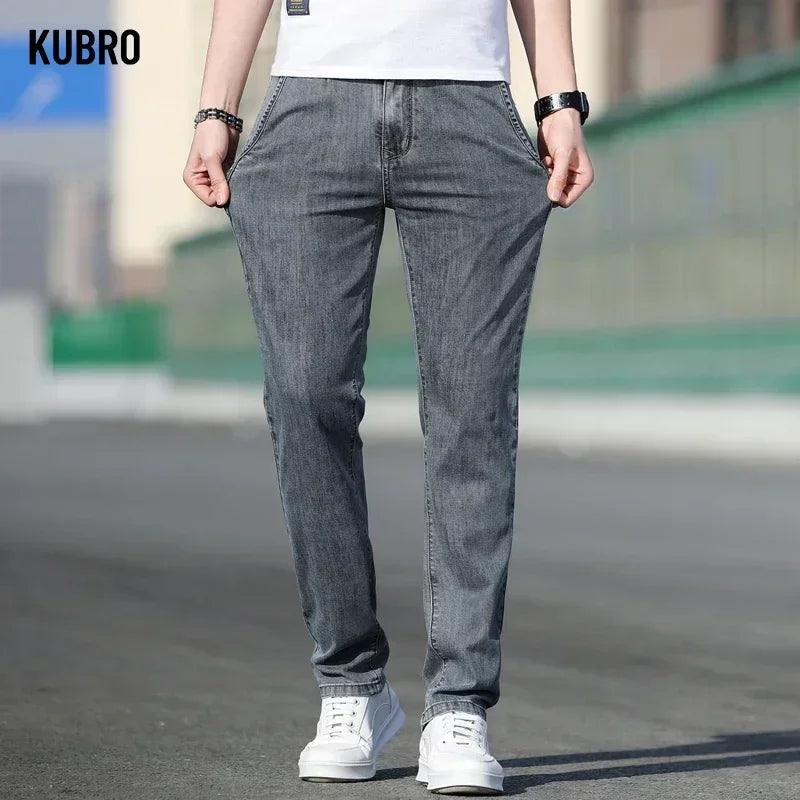 KUBRO 2024 Summer New Men's Loose Stretch Gray Jeans Fashion Casual Stretch Straight-leg Denim Pants Male Light Blue Brand - Clikcy