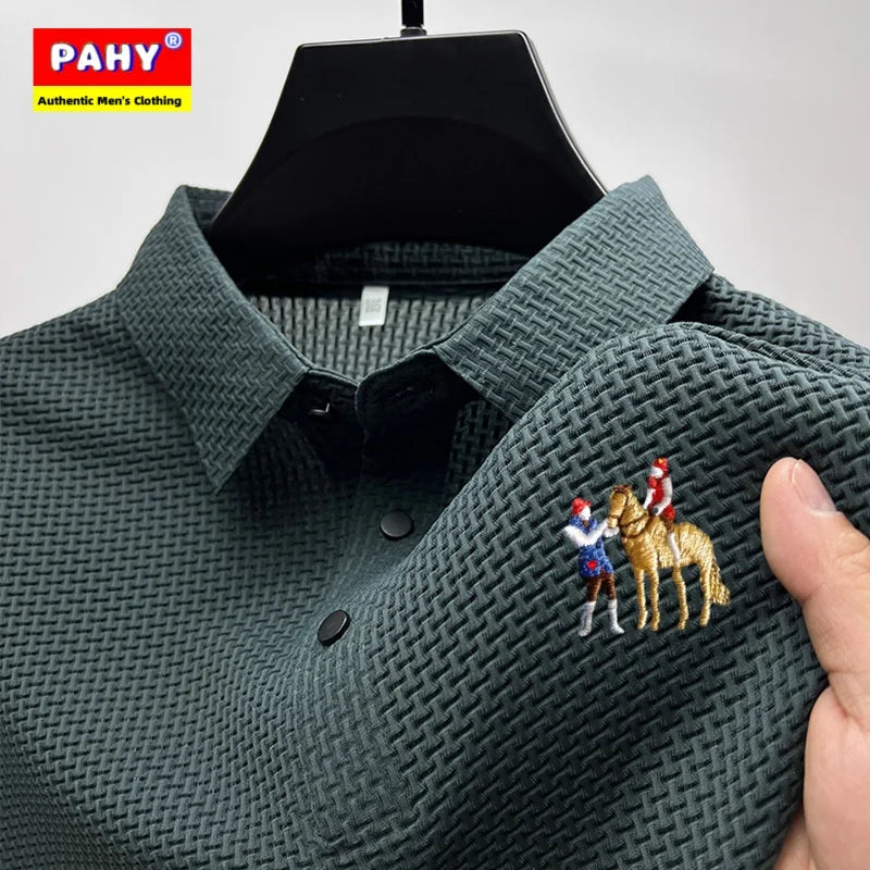 New style ice silk jacquard polo shirt short sleeve summer men's t-shirt casual business fashion stand collar t-shirt men - Clikcy