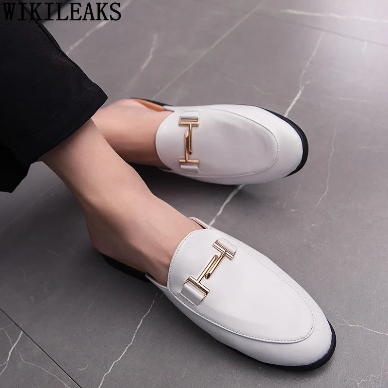 White Slip on Shoes Men Mules Leather Shoes Man Classic Black Half Shoes for Men 2025 Mules Homme Chaussure Homme Mule Masculino