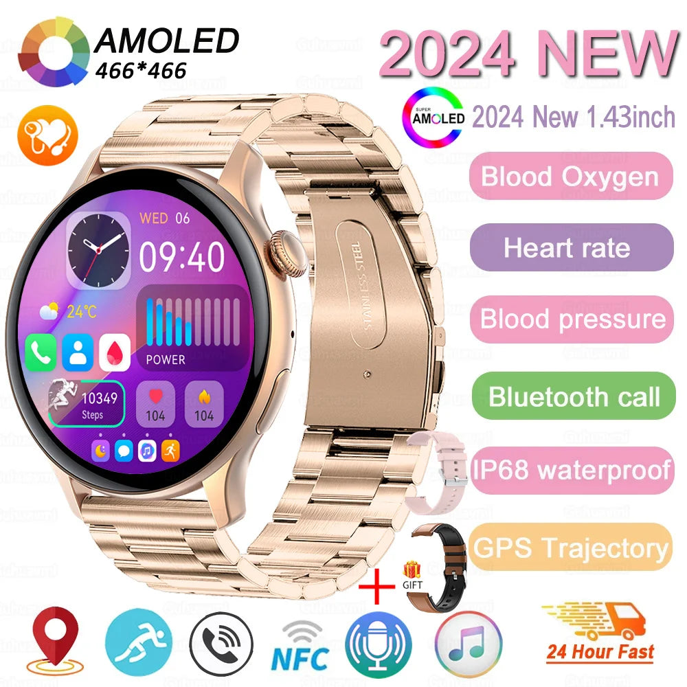 2024 New GPS Smart Watch Women True AMOLED 466*466 HD Screen Health Tracker Sports NFC Voice Bluetooth Call Smartwatches Ladies