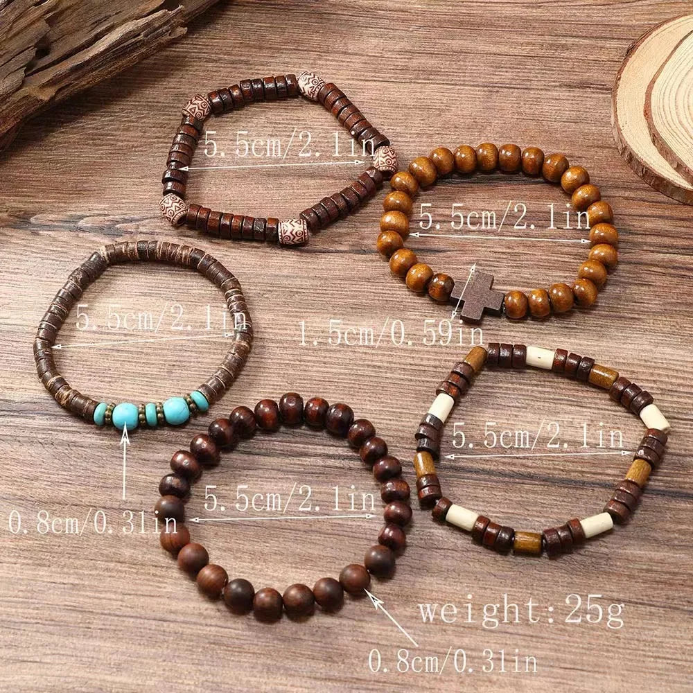 Cross Life Tree 5Pcs/set Vintage Bronze Ethnic Casual Wood Beads Feather Charm Leather Women Bracelets Men Male Jewelry - Clikcy