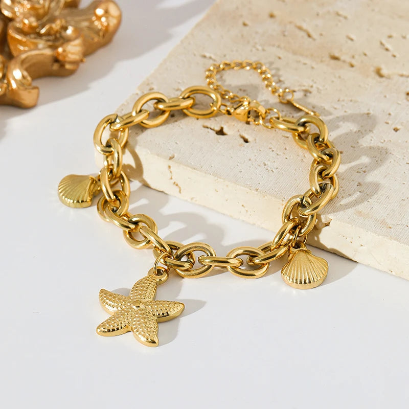 EILIECK 316L Stainless Steel Gold Color Starfish Shells Charm Bracelet For Women New Trendy Wrist Chain Jewelry Holiday Gifts - Clikcy