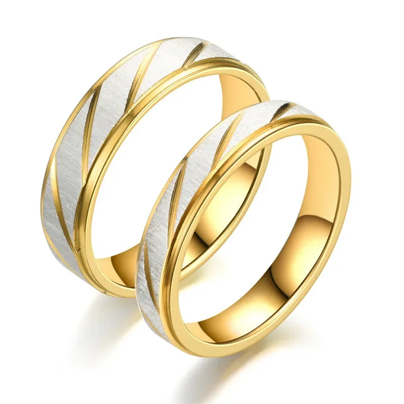 Fashion Gold Stripes Couple Rings 6mm 4mm Stainless Steel Contrast Color Jewelry Valentine's Day Gifts - Clikcy