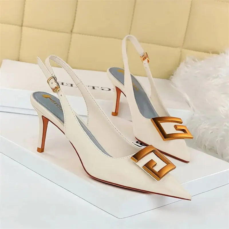 Metal Square Buckle Thin Heel Party Shoes Black Green White Woman Pointed Toe Hollow Back Strap Pumps Middle Heel Sandals - Clikcy
