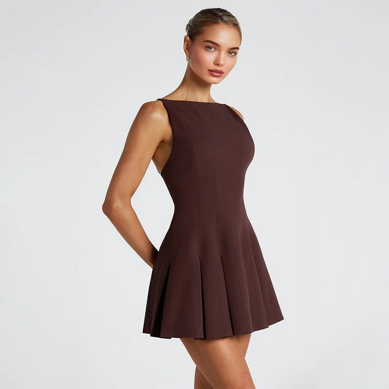 Vintage Brown Mini Halter Dress Backless Hem Pleated A Line Robes Sleeveless Party Robes 2025 New Lady Holiday Banquet Dresses - Clikcy