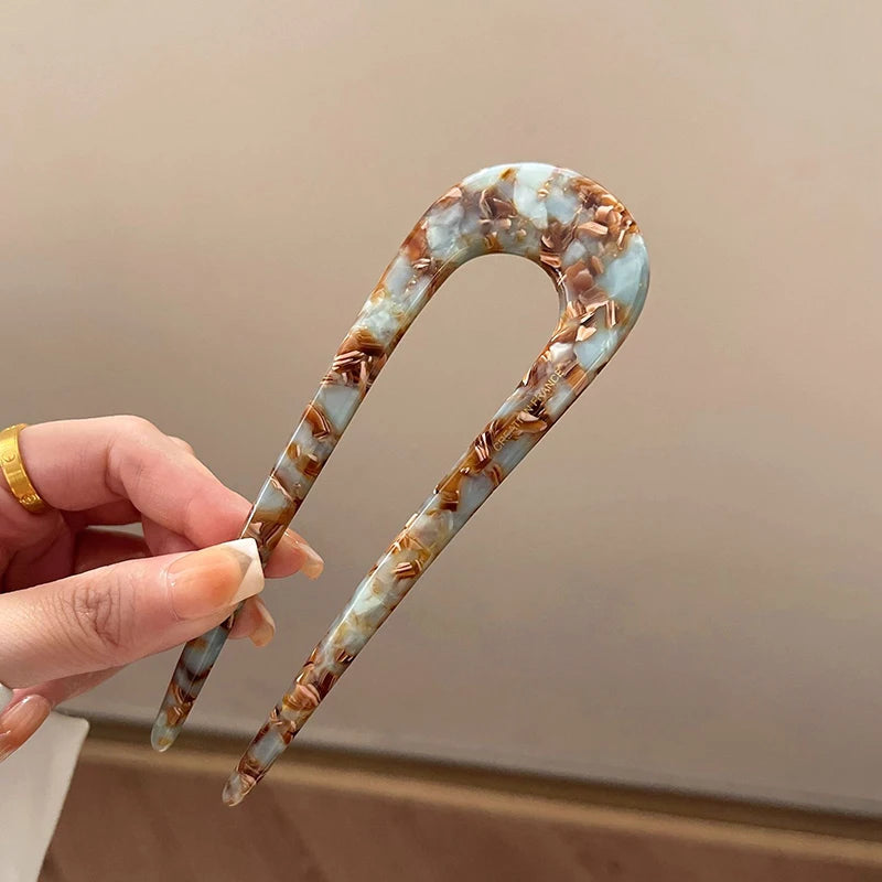 Trendy U-Shaped Acetic Acid Hairpin Girls Hair Fork Hair Clips Colour Marble Print Hair Sticks Women Headwear Hair Accessories - Clikcy