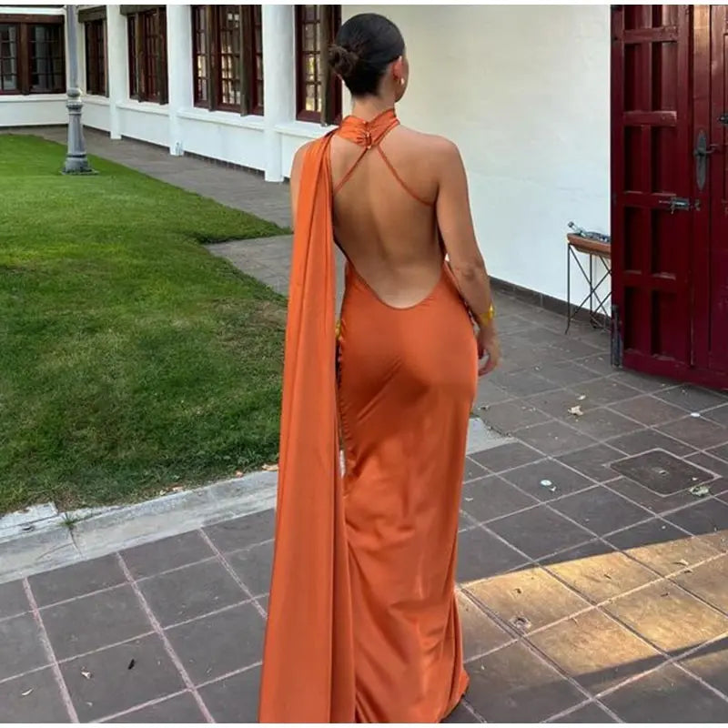 Sexy Satin Ribbon Party Dress Women Elegant Halter Backless Off Shoulder Sleeveless Female Dresses 2024 Summer Solid Robe Gown
