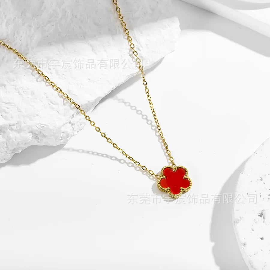 Black Lucky Five Petal Four Leaf Flower Stainless Steel Necklace Gold Plated Clover Jewelry Women Party Wedding Accessories - Clikcy