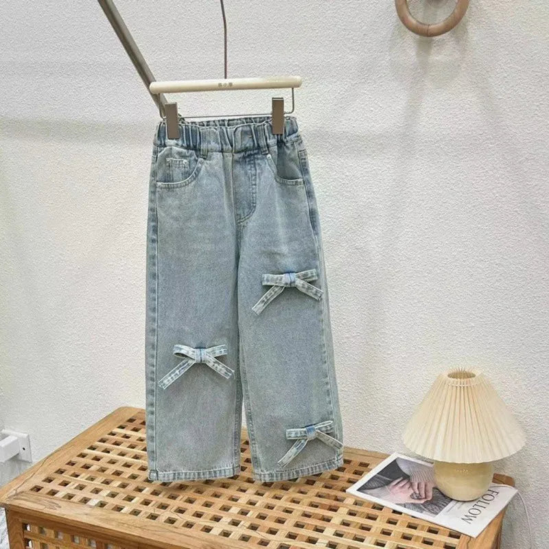 Summer Childrens Girls Clothing Sets Printed Bow Short Sleeve Top Jeans Suit Kids Girls 2pcs Sets 2-8 Years Girls Outfits - Clikcy