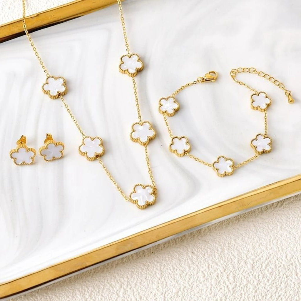 3Pcs 18k Gold-Plated Five-Leaf Flower Necklace Earrings Bracelet Jewelry Set For Woman Fashion Party Jewelry Daily Wear Clover - Clikcy
