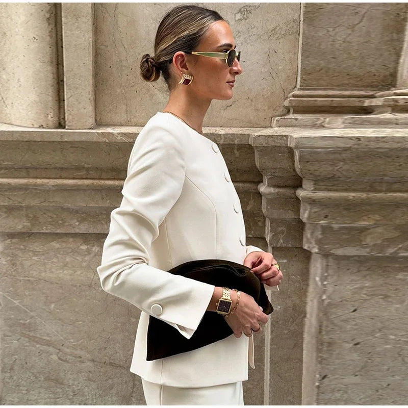 Urban Solid Blazer Skirt Set Women Slim O-neck Single Breasted Jacket Mini A-line Skirt 2025 Spring Elegant Lady Office Outfit - Clikcy