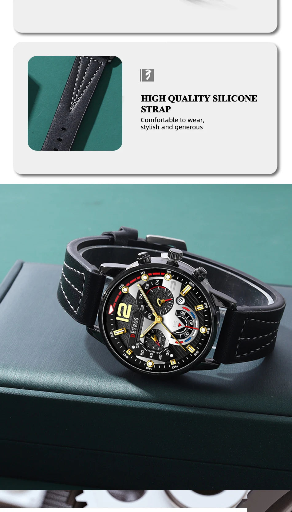 3PCS Set Fashion Mens Watches Luxury Black Leather Quartz Wristwatch Calendar Date Men Business Casual Watch Bracelet Necklace - Clikcy