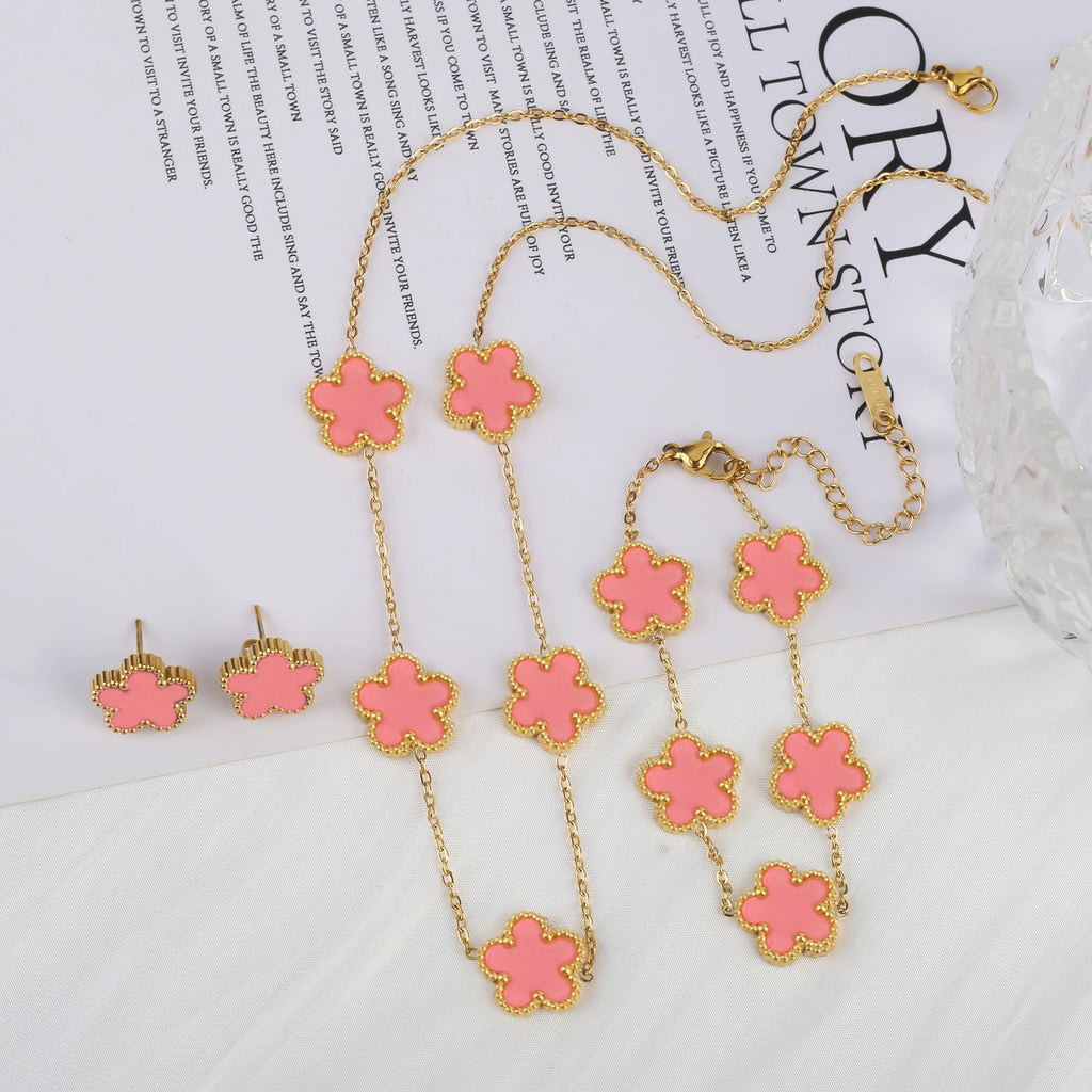 3Pcs 18k Gold-Plated Five-Leaf Flower Necklace Earrings Bracelet Jewelry Set For Woman Fashion Party Jewelry Daily Wear Clover - Clikcy
