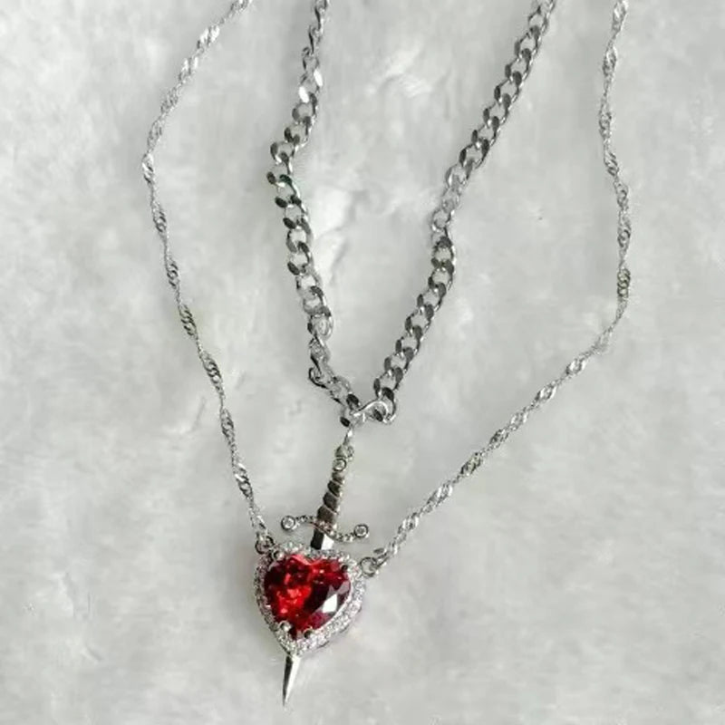LATS 2pcs Can Be Assembled Heart and Sword Zircon Pendant Necklace for Women Men Couple Silver Gold Plated Choker Chain Jewelry - Clikcy