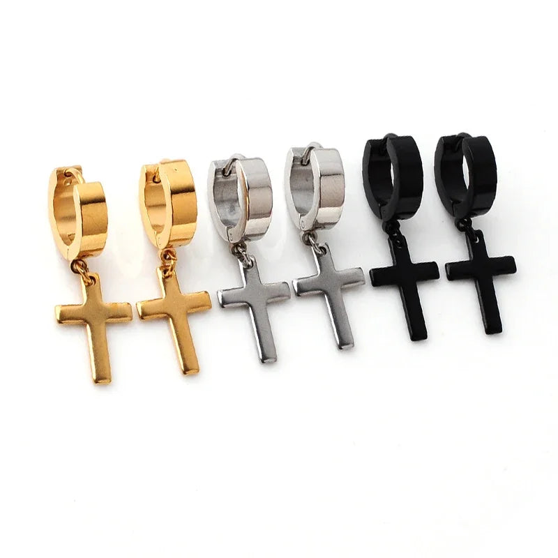 2pc Stainless Steel Men Cross Stars Punk Dangle Earrings Gothic Woman Cross Ear Hoop Earrings Huggies Pendant Piercing Jewelry - Clikcy