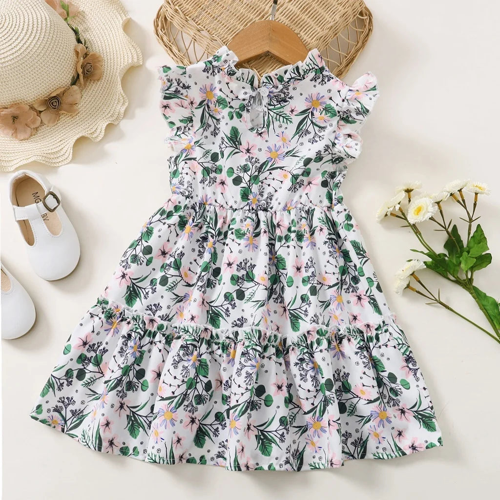 1-6 Years Kids Baby Girl Daily Dress Flowers Print Sleeveless Retro Style Lovely A- Line Summer Children Holiday Party Dresses - Clikcy