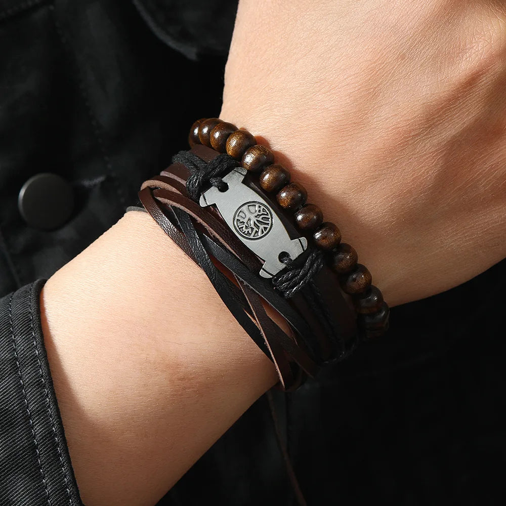 Red 6 Pc/set Tree Black Wrap Woven Handmade Wood Beads Bracelets Male Women Leather Bracelets Men Bangle Wholesale Jewelry Gift - Clikcy