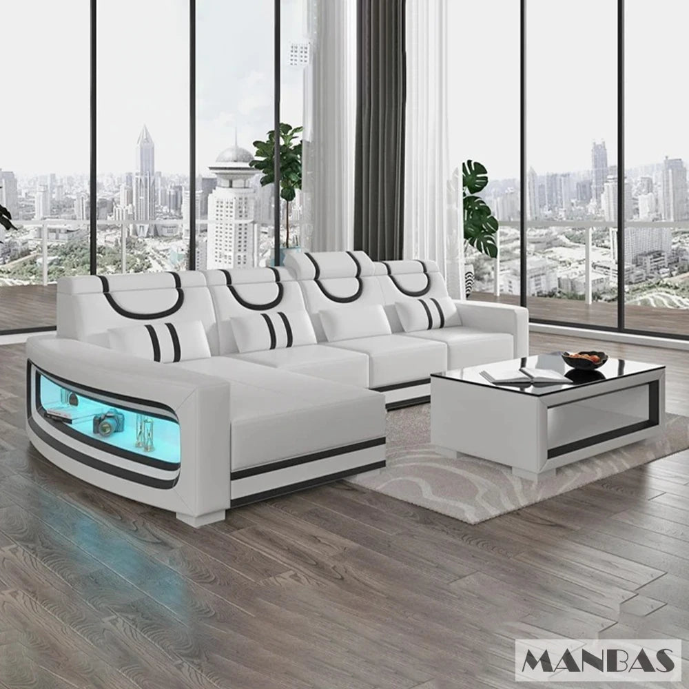 Upgrade Your Living Room with MANBAS Italian Genuine Leather Sofa - 2 Colors Combination, LED Light & Soft Cushions - Clikcy