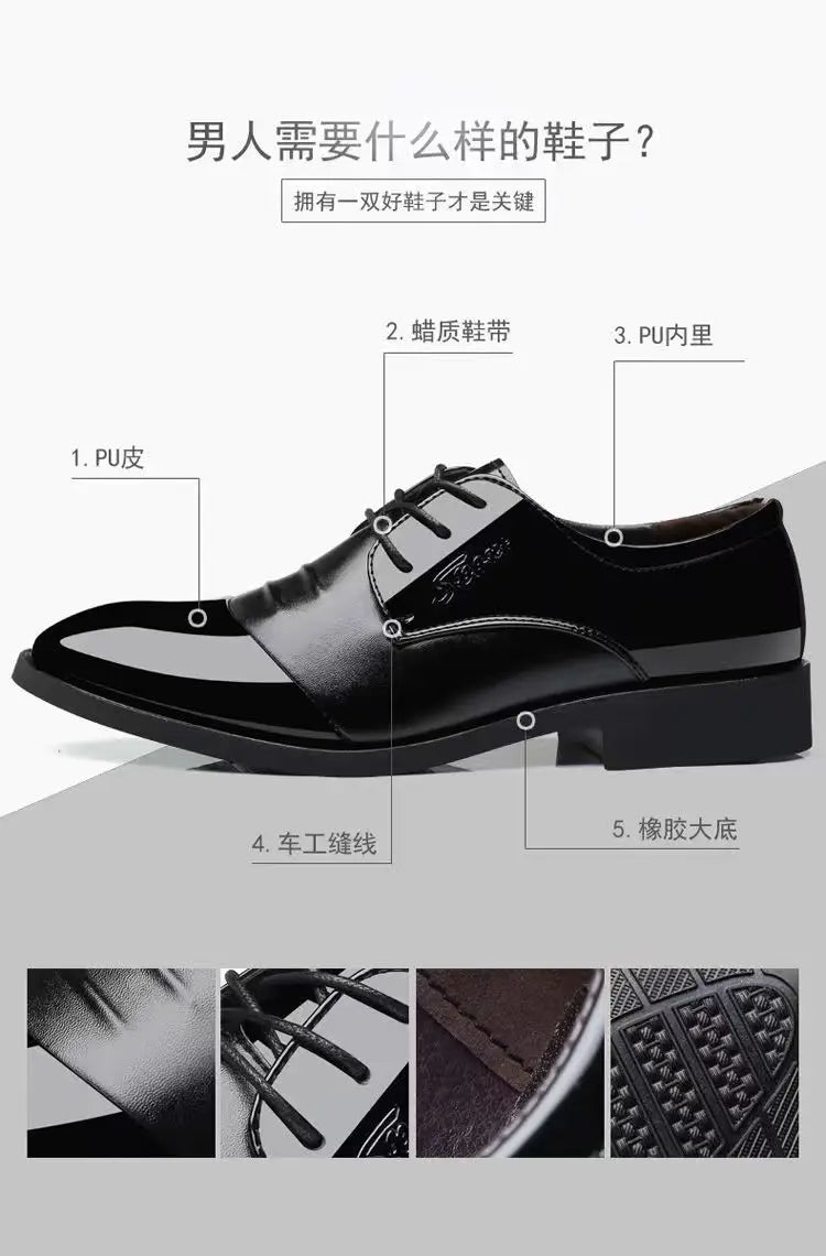 Men's Leather Shoes Black Pointed Shiny Business Formal Shoes Men Lace-up for Work Office Elegant Men's Social Shoes Zapatillas