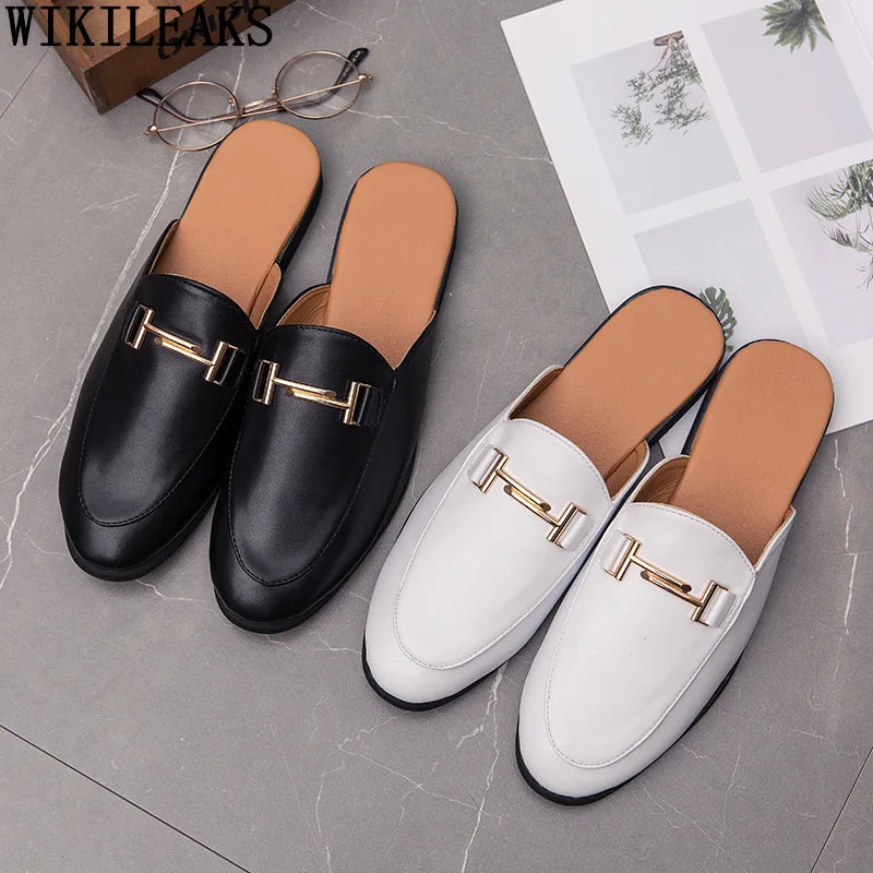 White Slip on Shoes Men Mules Leather Shoes Man Classic Black Half Shoes for Men 2025 Mules Homme Chaussure Homme Mule Masculino