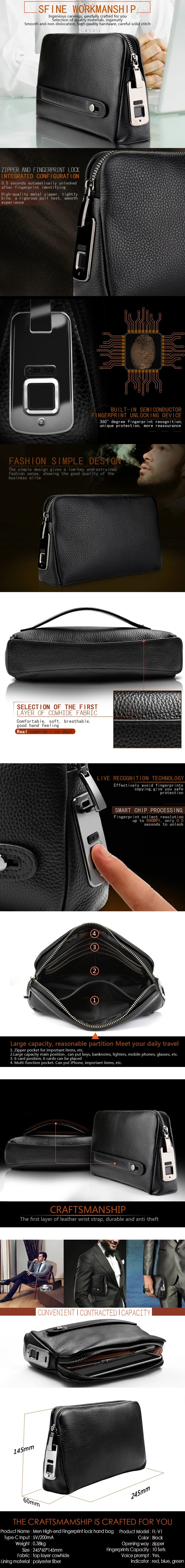 Men's Fingerprint Lock Bags for men Leather Hand Bag Male Long Money Wallets Mobile Phone Pouch Men Messenger Bag Anti-Theft - Clikcy
