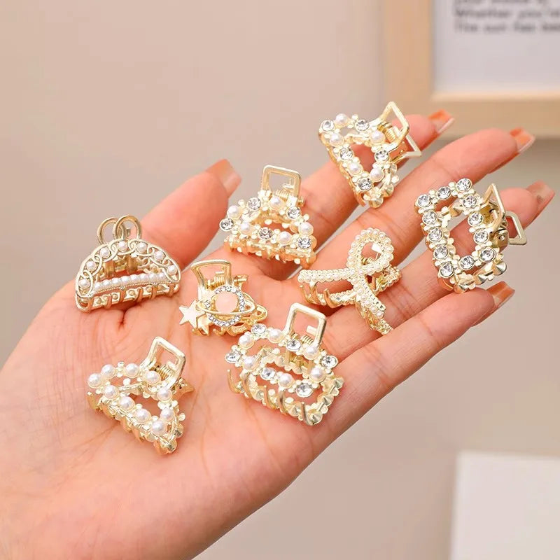 6/8/10PCS/Set Small Rhinestone Pearls Geometric Metal Hair Claws For Women Girls Sweet Mini Hair Clips Hairpins Hair Accessories - Clikcy