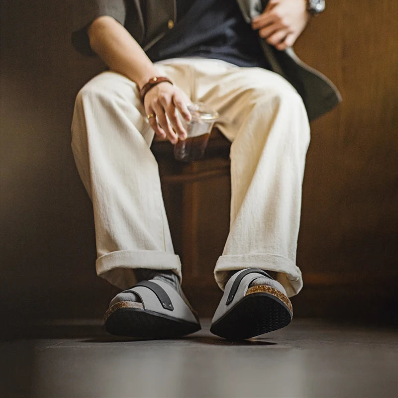 Maden New Casual Color-Block Mules Men's Summer Cork Sole Slide-On Sandals with Hook and Loop Closure Breathable Outdoor Shoes - Clikcy