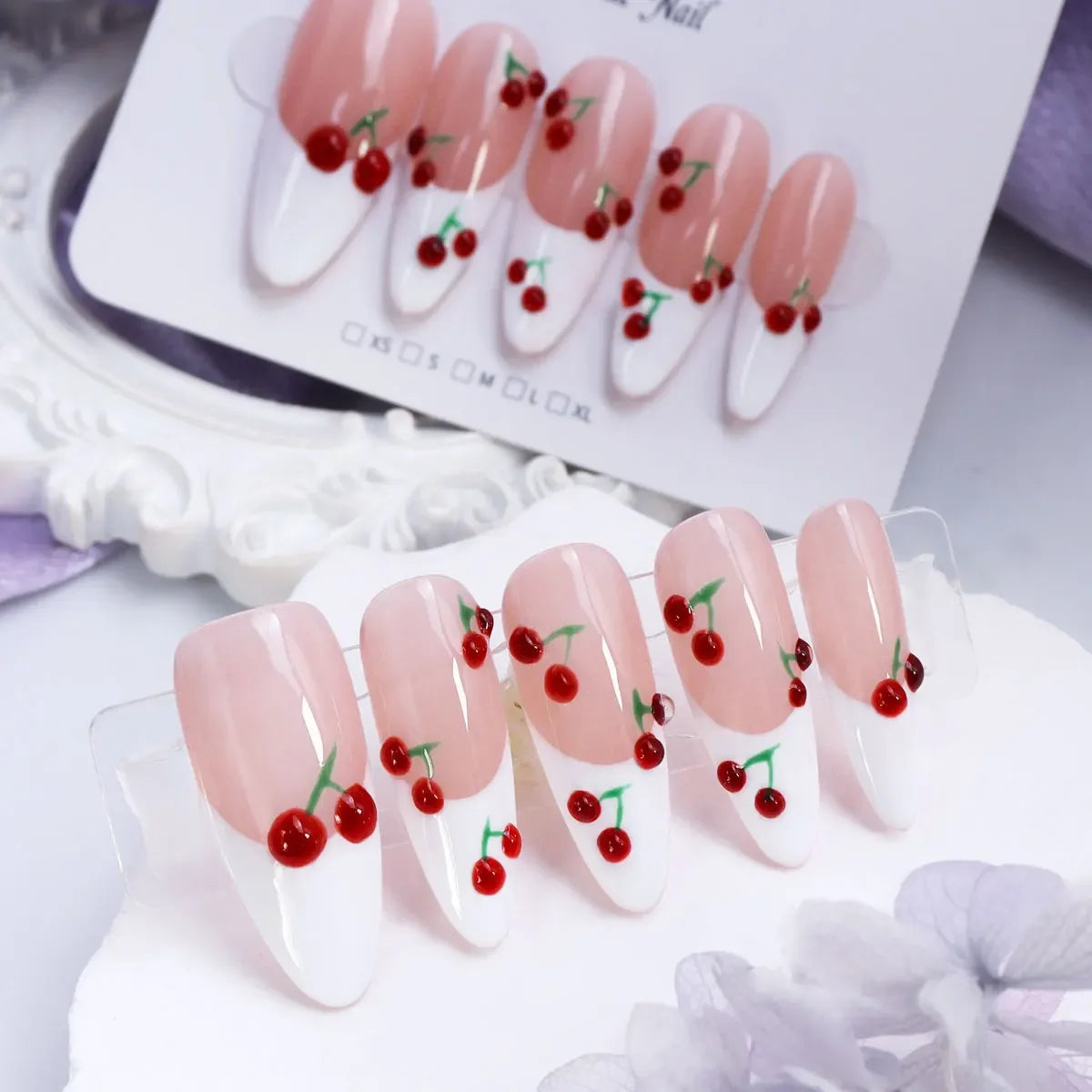 10pcs Y2K Removable Handmade Press on Nails Hand Painted Cherry Pattern Design Fake Nails Cute White Sweet Almond Patch Nail - Clikcy
