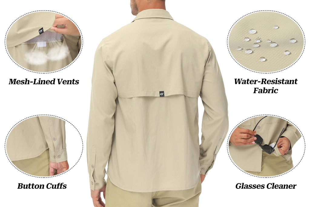 Men's UPF 50+ Casual Long Sleeve Fishing Shirts, Sun Protection Lightweight Breathable Button Down Fishing Shirt with Back Mesh - Clikcy