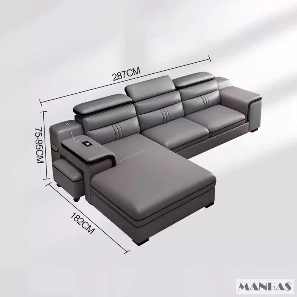 MINGDIBAO Leather Sectional Sofa Set with Cup Holder, USB, Adjustable Headrests & Bluetooth Speaker Living Room Couch with Stool