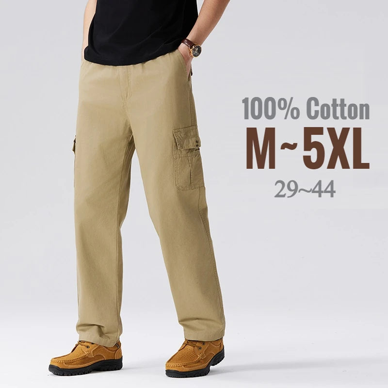 100% Cotton Men's Cargo Pants Straight Fit Loose Work Trouser Male Spring Summer High Waist Big Size Large Plus Elastic Pocket - Clikcy