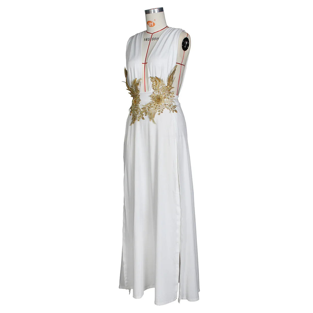 Sexy Deep V Neck High Split Evening Cocktail Maxi Dress Women Backless Embroidery Beading Long Formal Wedding Party Dress - Clikcy