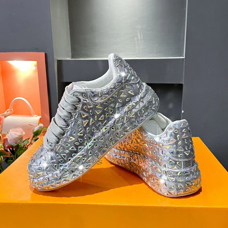 2025 Autumn Leather Women Shoes New Style Fashion Platform Shoes Ins Platforms Sneakers Tide Shine Bling Rhinestone Shoes - Clikcy