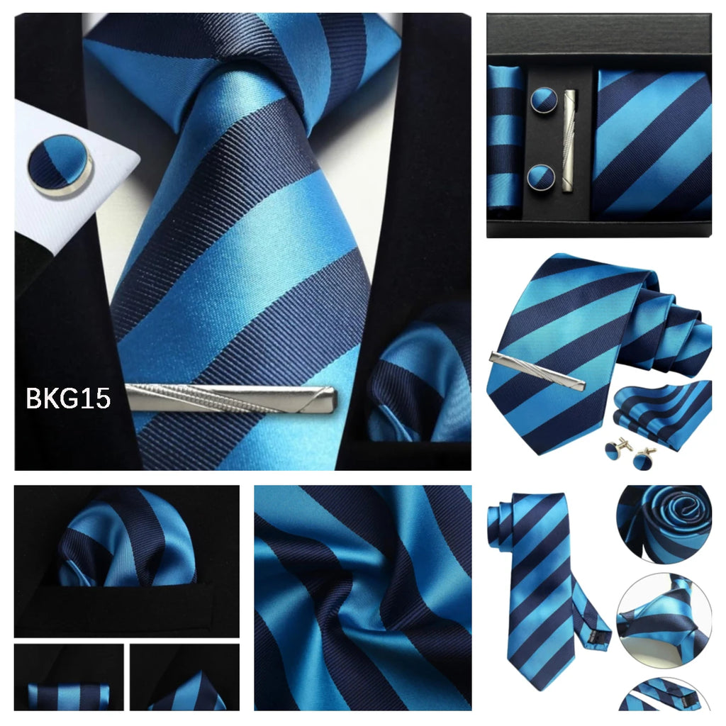 Classic 100% Silk Men's Ties In Gift box 8cm Plaid Dot Striped Business Necktie Handkerchief Cufflinks Wedding Party Tie Set - Clikcy