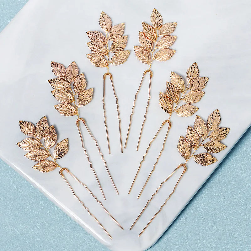 6PCS Gold Leaf Metal Hairpin Fashion Bridal Headdress Hair Accessories Rhinestone Crystal Hair Clips For Women Holiday Gift - Clikcy