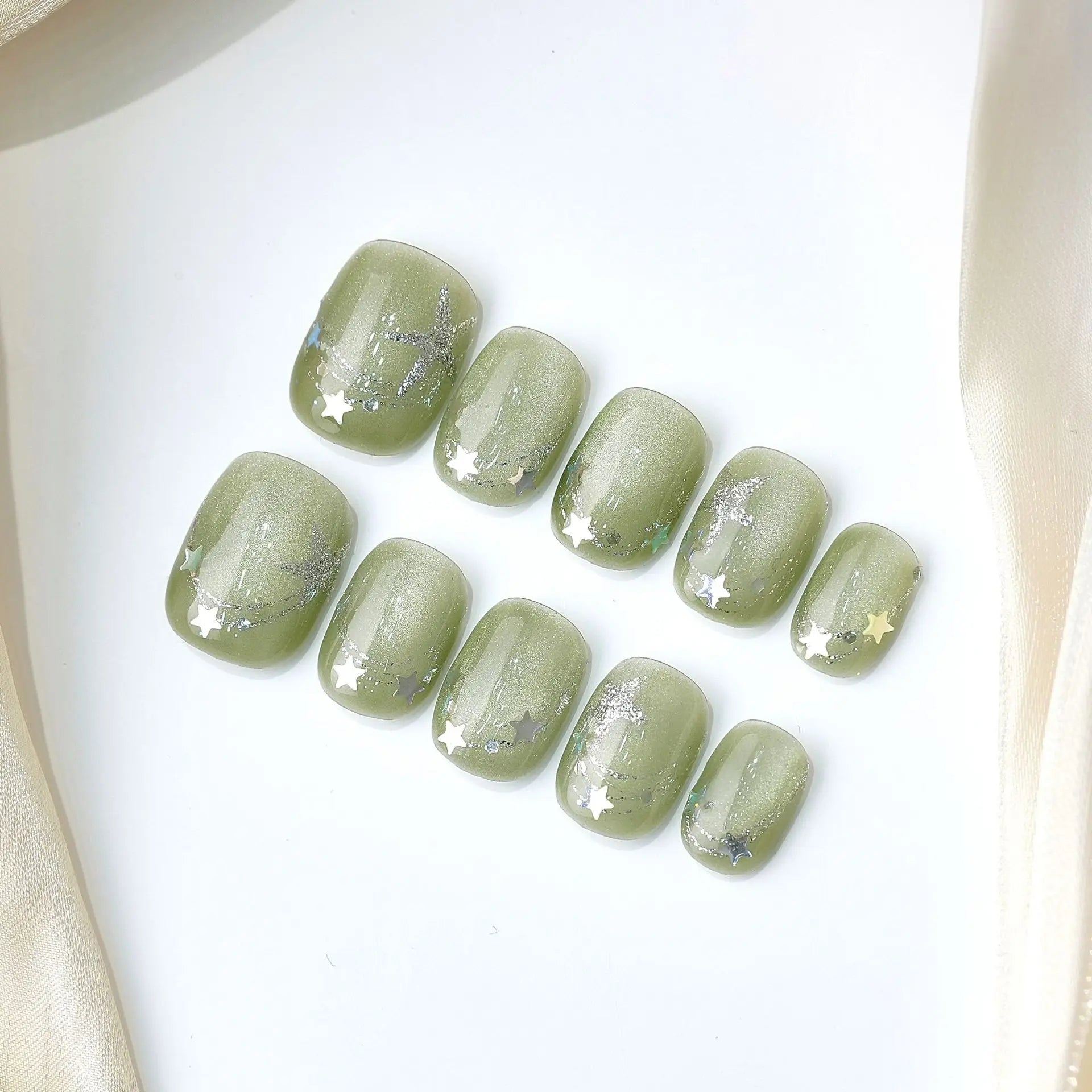 10pcs Handmade Short Press on Nails Ice Goldfish Fake Nail Tips with 3d Carved Flower Design Fresh Green Ins Summer False Nails - Clikcy