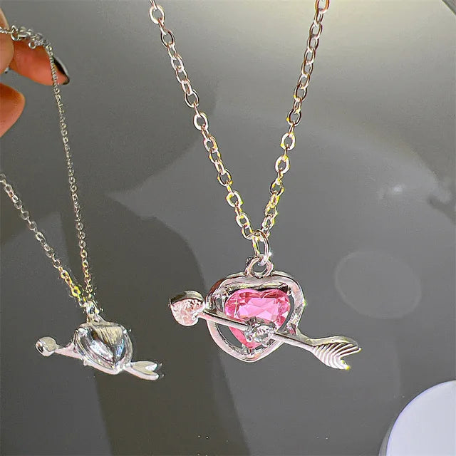 Y2K Pink Planet Heart Zircon Pendant Necklaces Women Fashion Aesthetic Clavicle Chain Necklace Valentines Day Gift Party Jewelry - Clikcy