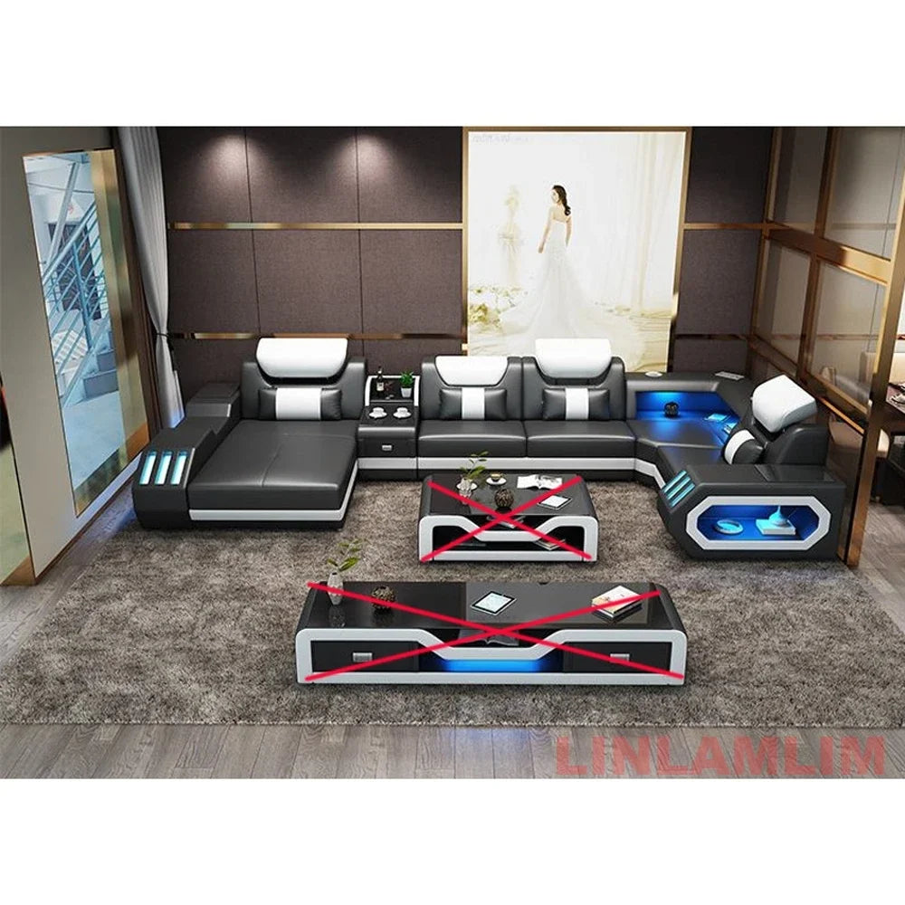 LED Lighted Sofa Set with Recliner, Speaker & USB Ports | Genuine Leather Sectional Couch with Console & Adjustable Headrests - Clikcy