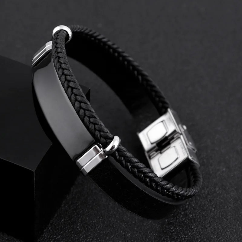 Homme Stainless Steel Bracelet Double Layer Twist Braid Leather Rope Bracelets For Men Hiphop Rock Fashion Jewelry Accessories - Clikcy