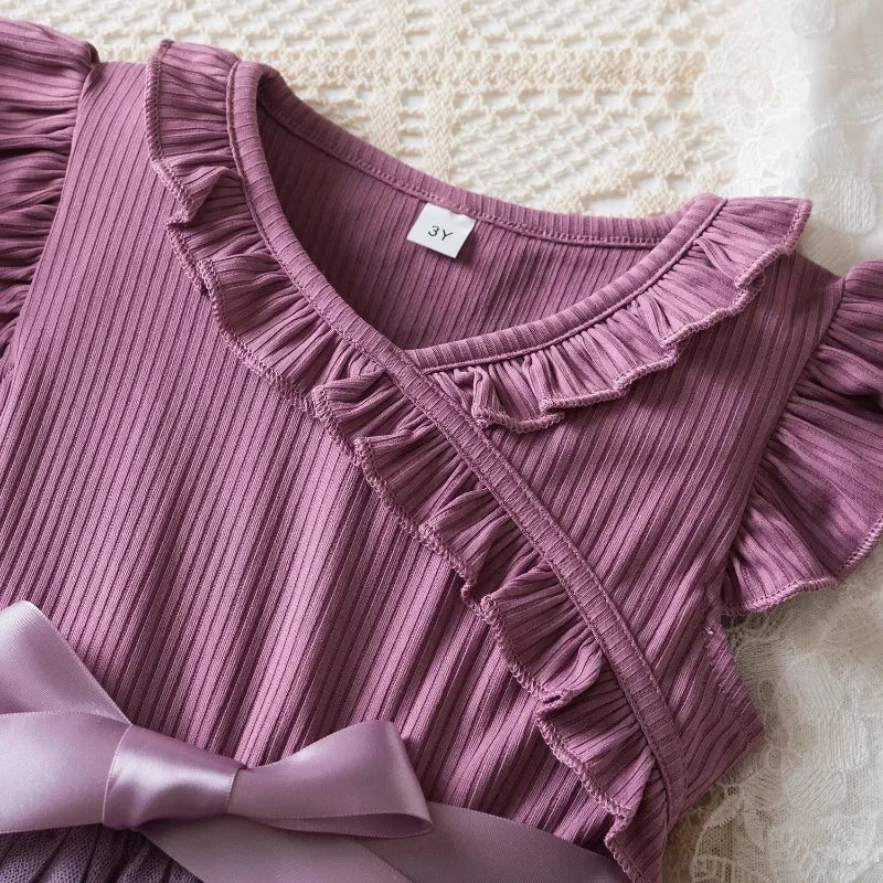 New Children's Dress for 3-8 Yrs Summer Dress Lotus Leaf Edge Design Bow Lace Up Star Sequin Sweet  Tulle Kids Dresses for Girls - Clikcy