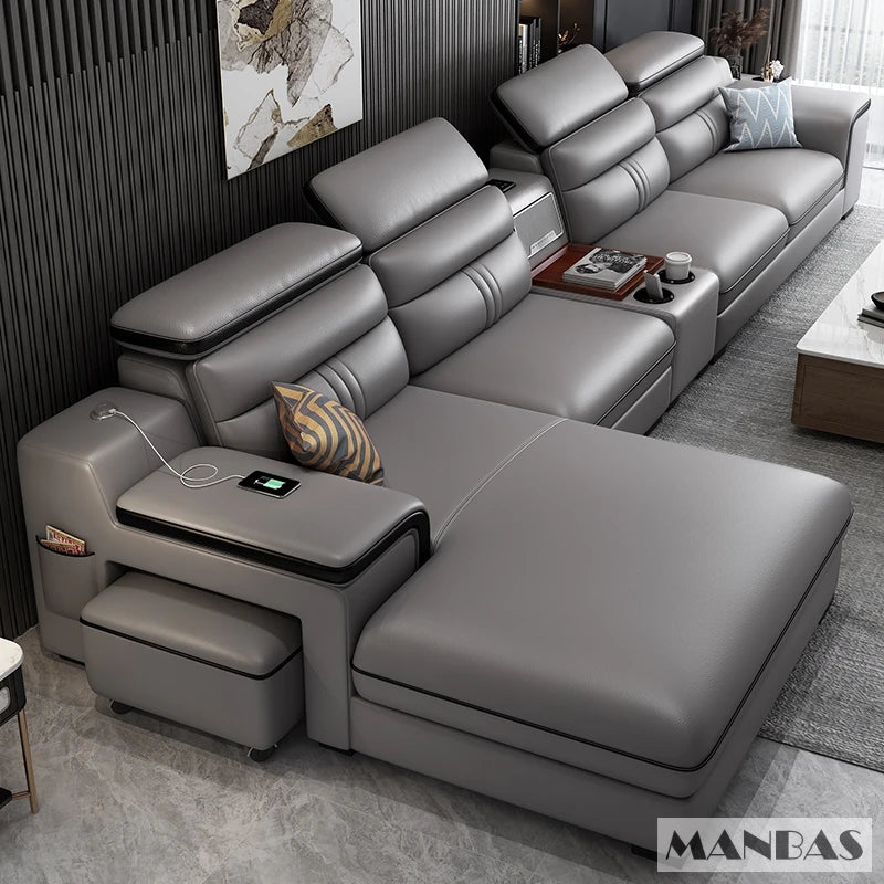 MINGDIBAO Leather Sectional Sofa Set with Cup Holder, USB, Adjustable Headrests & Bluetooth Speaker Living Room Couch with Stool - Clikcy
