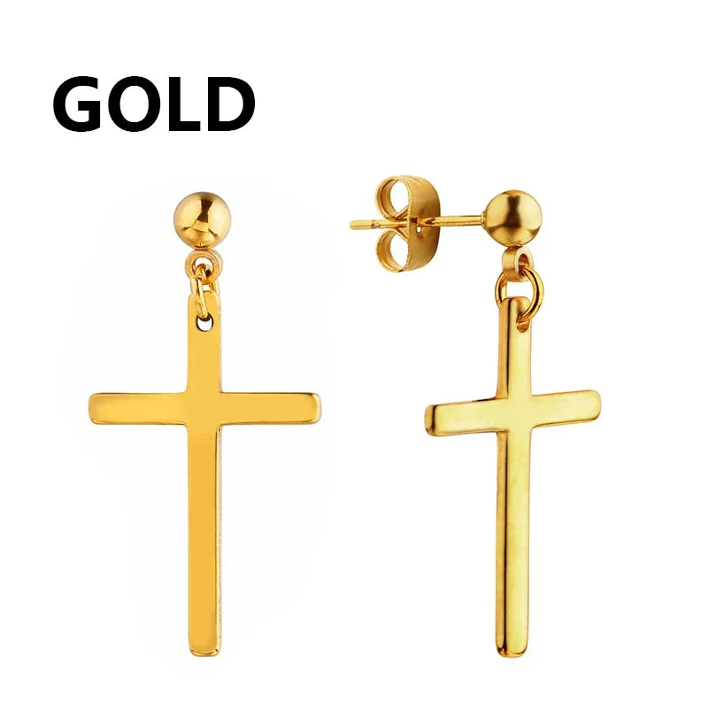 2pc Stainless Steel Men Cross Stars Punk Dangle Earrings Gothic Woman Cross Ear Hoop Earrings Huggies Pendant Piercing Jewelry - Clikcy