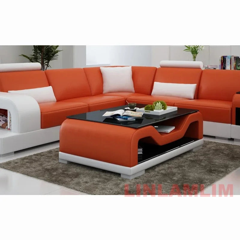 LED Lighted Sofa Set with Recliner, Speaker & USB Ports | Genuine Leather Sectional Couch with Console & Adjustable Headrests - Clikcy