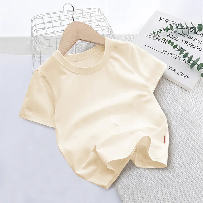 Summer Solid Color Children Cotton T-shirt for Boys Girls White Tops Tees Kids Clothes 2-10Y Student Casual Tee - Clikcy