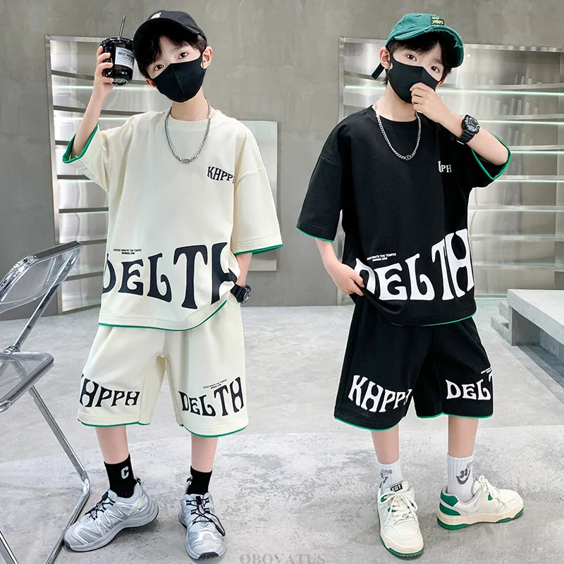 Children Summer Clothing Set For Boys Letter Print Sport Suit Kids Teenager Cotton Outfits Casual Short Sleeve Tracksuit Costume - Clikcy
