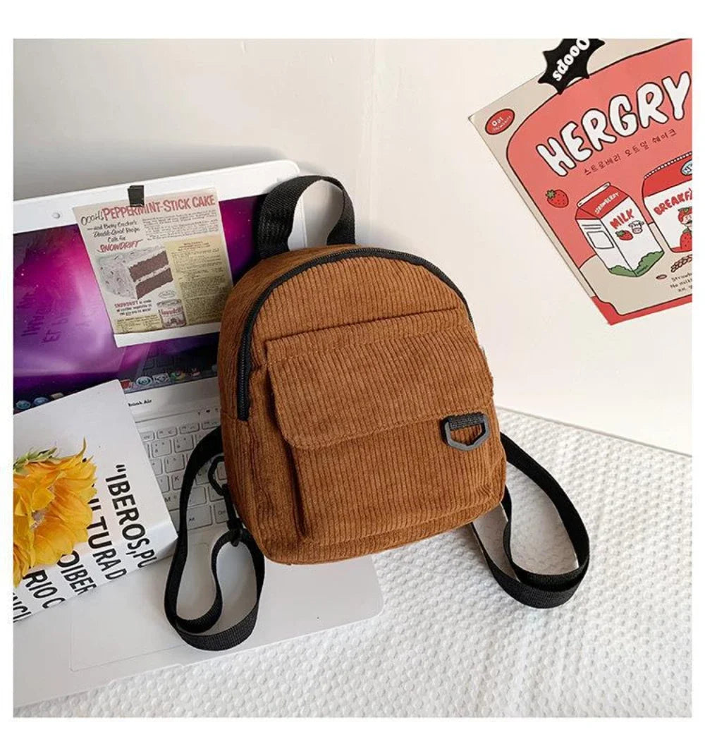 Women's Mini Backpack Fashion Solid Color Corduroy Small Simple Casual Traveling Large Capacity Durable Female's Schoolbag - Clikcy