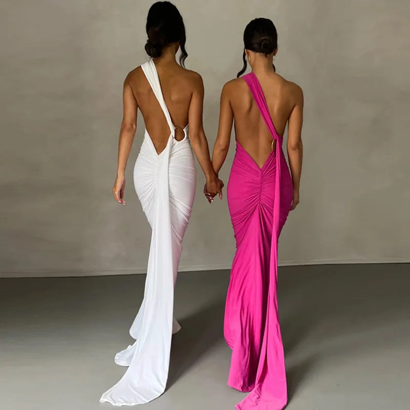 Womens Elegant Evening Party Cocktail Long Dress Sexy Backless Open Back Ruched Slim Bodycon Formal Wedding Guest Maxi Dress - Clikcy
