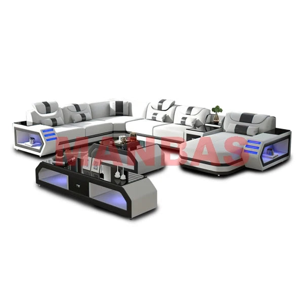 MANBAS Italian Genuine Leather Sectional Sofa with LED Lights | Futuristic Furniture U Shape Couch Living Room Big Sofas Set